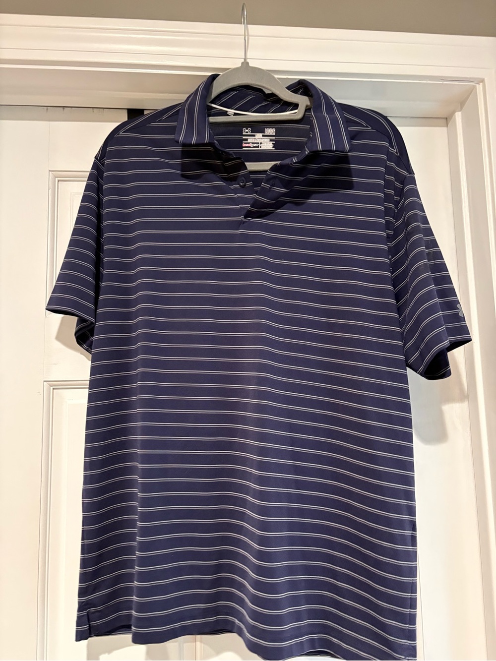 LG Men's Navy and White Striped Polo